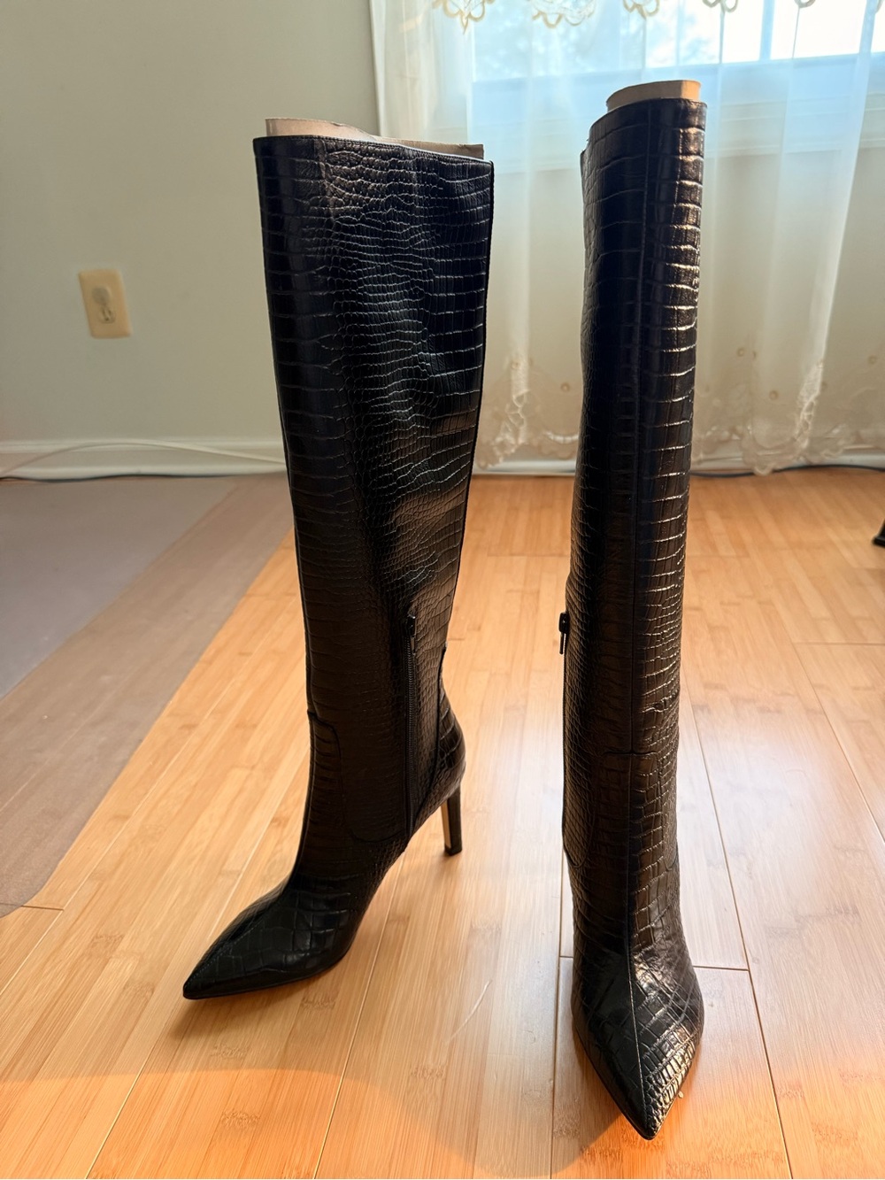 Nine West - Maxim - Croc-Embossed Knee High Boots - Black - Size 7